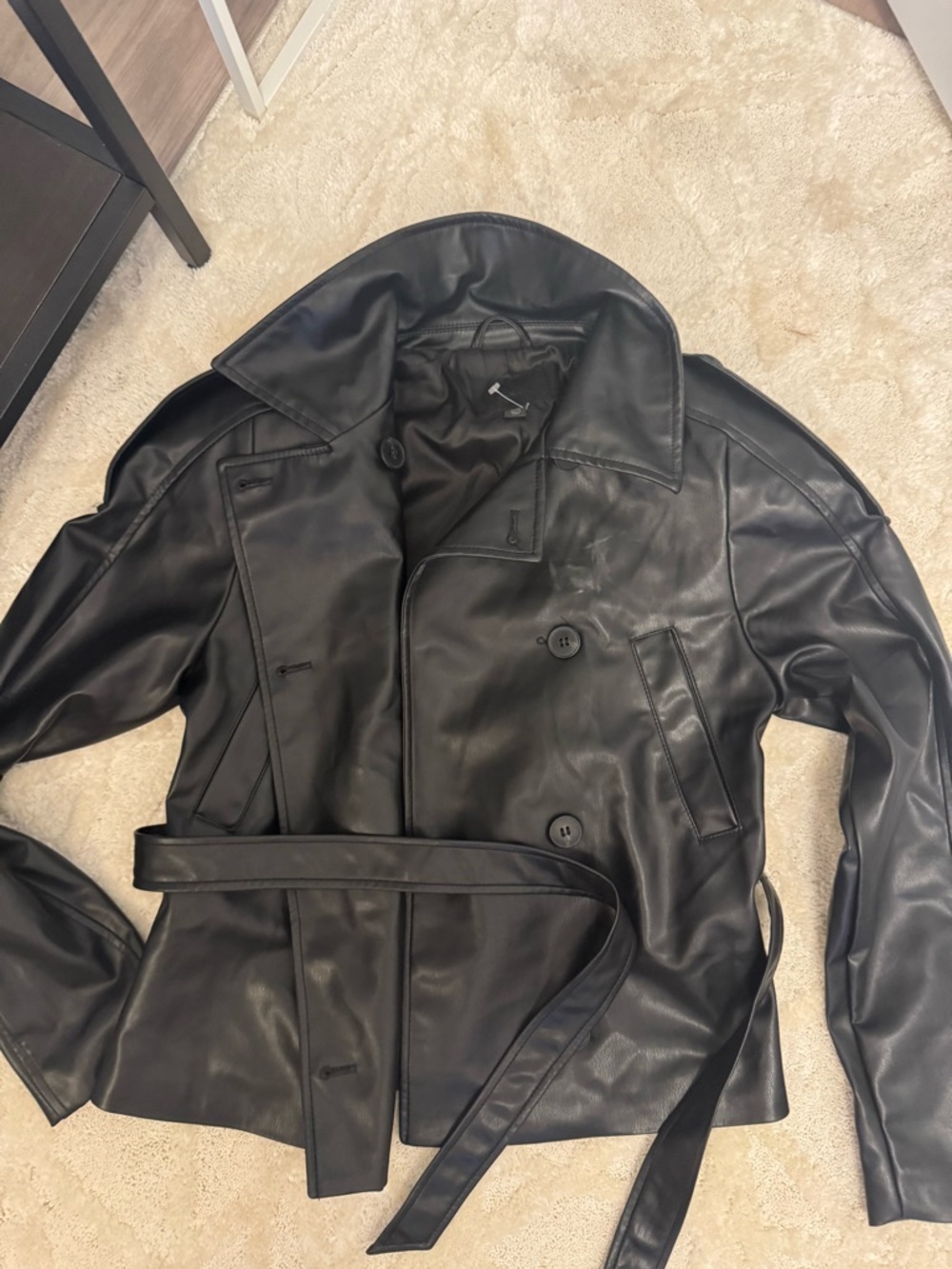 Zara Black Faux Leather Double-Breasted Belted Jacket